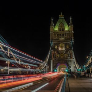 Tower Bridge London print showing night traffic light trails across the bridge